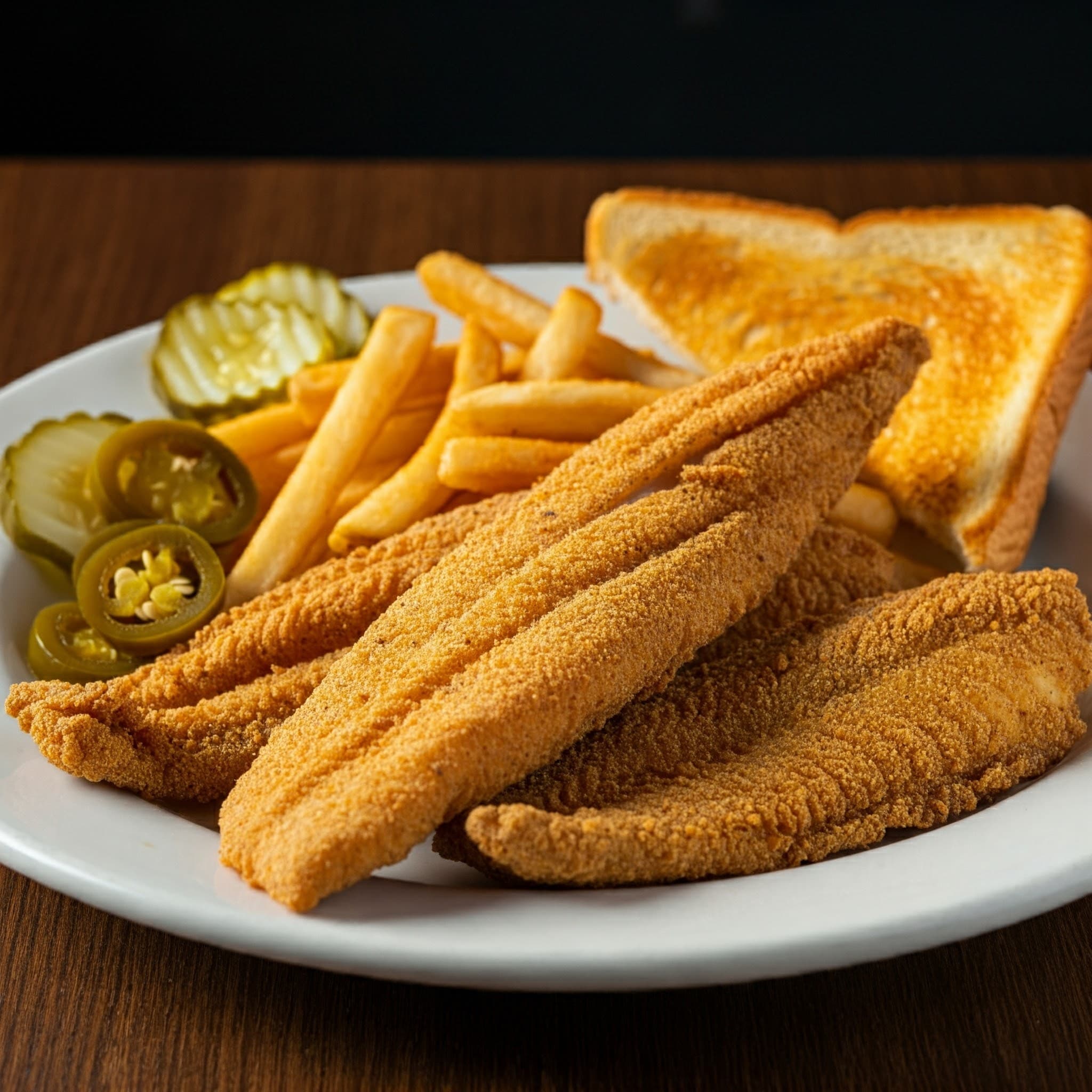 Crispy fried fish fillets served with french fries, pickles, jalapeños, and buttered toast.