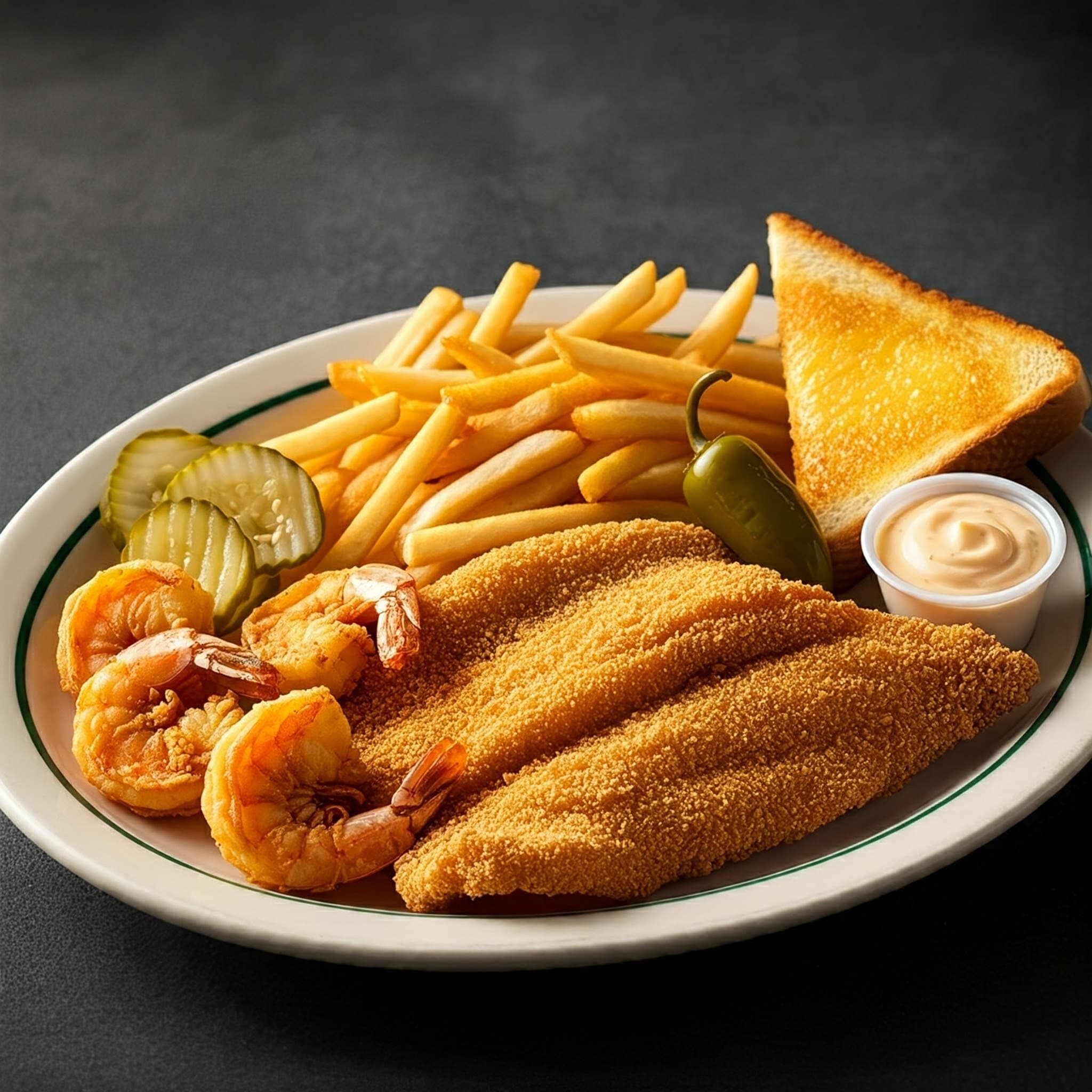 Fried fish and shrimp with French fries, Texas toast, pickles, jalapeño, and dipping sauce.
