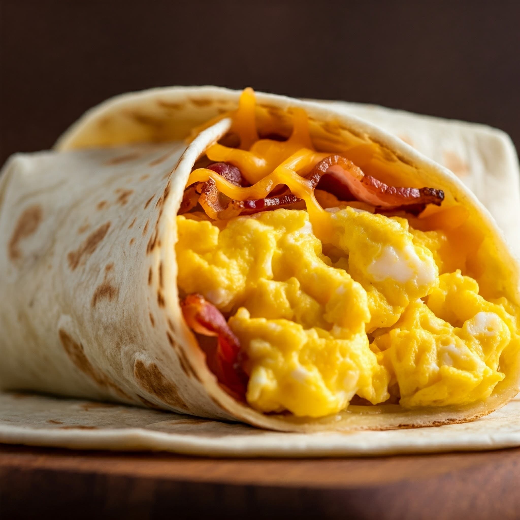 Breakfast burrito filled with fluffy scrambled eggs, crispy bacon, and melted cheddar cheese.