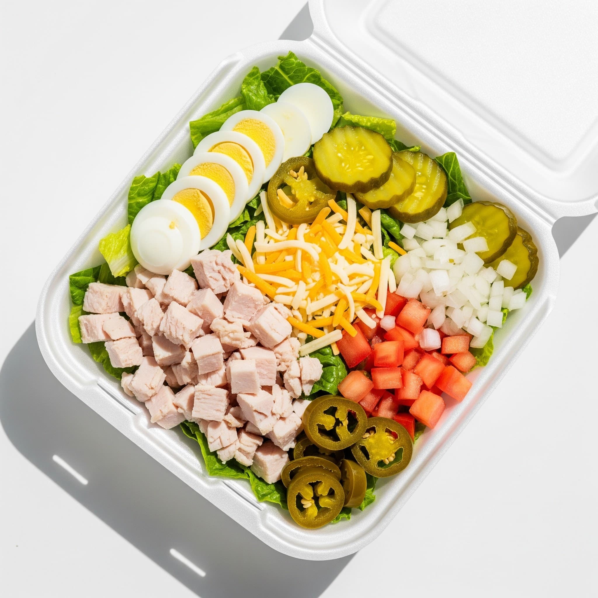 Chef salad with diced turkey, eggs, cheese, tomatoes, onions, pickles, and jalapeños in a container.